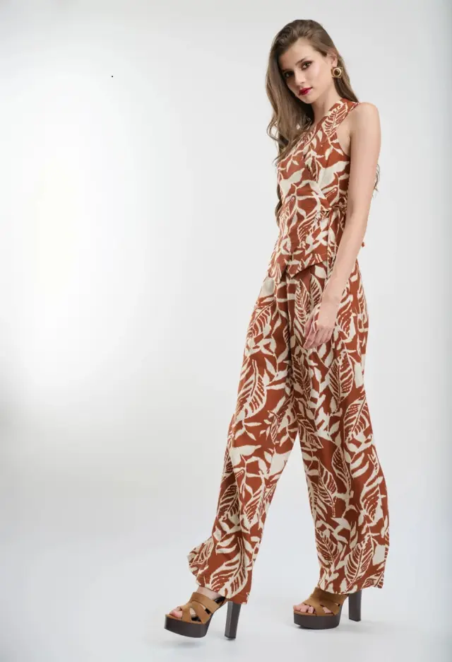 DESIREE Σετ Τοπ Κρουαζέ & Παντελόνα με Καφέ Tropical Print Μπεζ - M 2