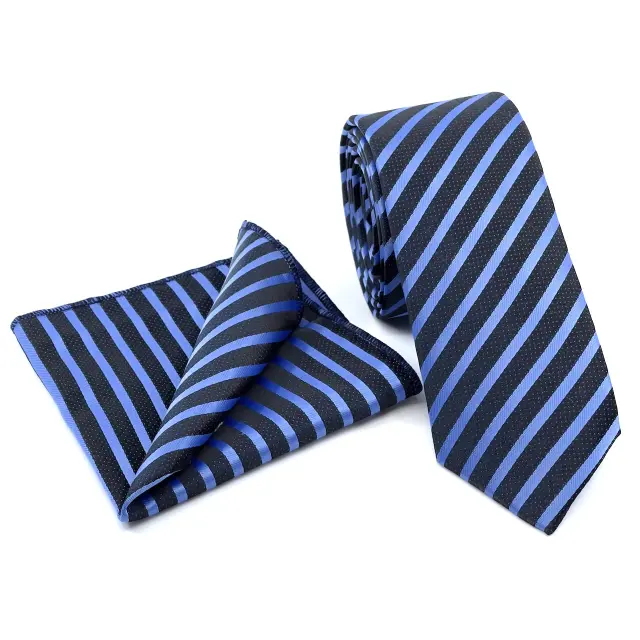 Μπλε Diagonal Ριγέ Γραβάτα Microfiber Σετ με Μαντήλι