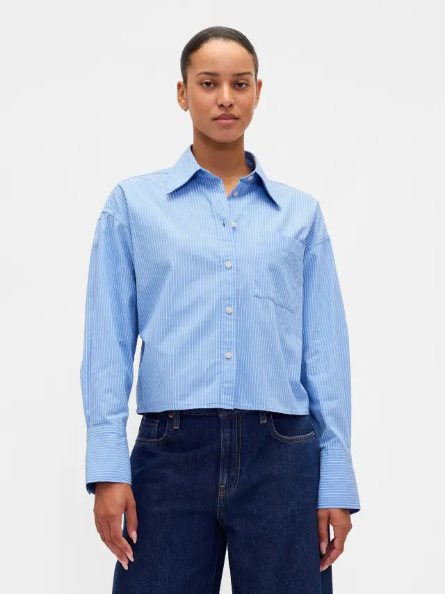 Οργανικό Βαμβάκι Oxford Κοντό Πουκάμισο Blue & white stripe poplin - L