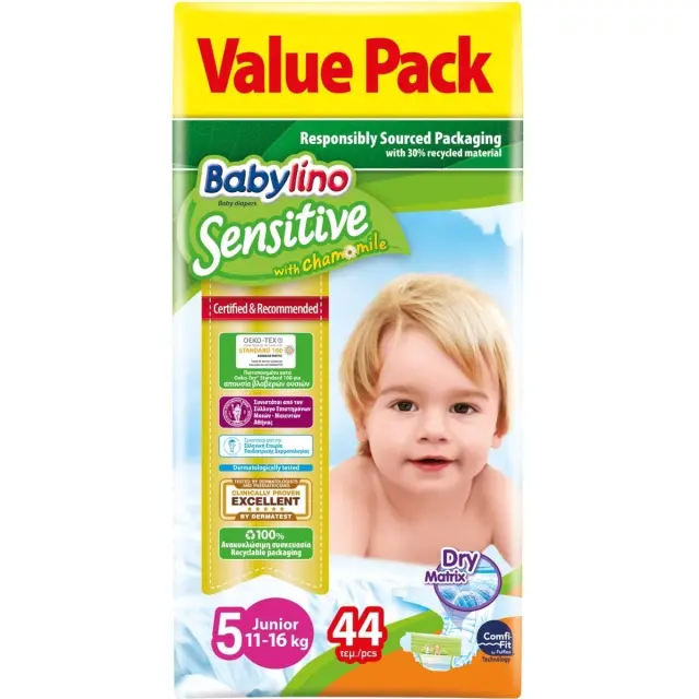 Babylino Πάνες με Αυτοκόλλητο Sensitive With Chamomile No5 για 11-16kg 44τμχ