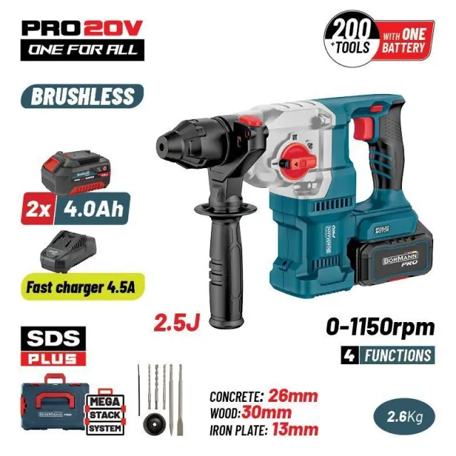 Bormann Pro BBP5316X44CA - Πνευματικό Σκαπτικό Μπαταρίας SDS-PLUS Brushless 20V, 3.5J με 2 Μπαταρίες 4.0Ah (2x4.0Ah) + Φορτιστή (085584)