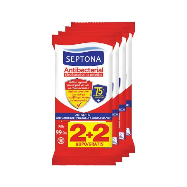 Septona Μαντηλάκια Refresh Καθαρισμού & Απολύμανσης 75% Αιθυλική Αλκοόλη 4x15 Τεμάχια