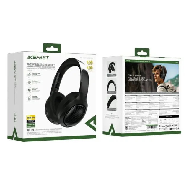 Wireless Ακουστικά Hi-Fi Stereo Acefast H5 30db ANC AUX 500mAh v5.4 Μαύρα με HD Μικρόφωνο Memory Foam Μαξιλαράκια και Θήκη 2