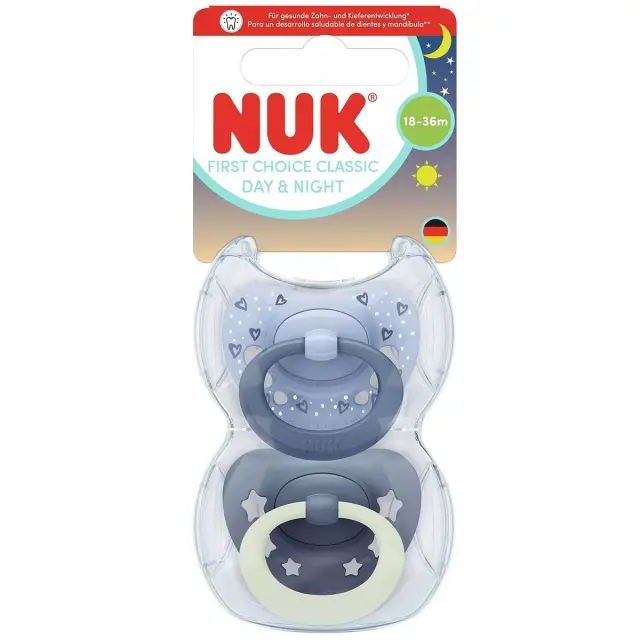 Nuk First Choice Classic Day & Night Πιπίλες Σιλικόνης Νυκτός με Θήκη Μπλε για 18-36 μηνών 2τμχ