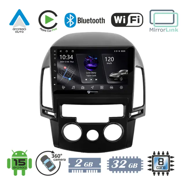 VenCore Οθόνη Multimedia Android 15 9" PX5S Octa-Core 2GB/32GB IPS με Πρόσοψη, CarPlay, Android Auto και Υποστήριξη Κάμερας 360° για Hyundai i30 2007-2012 – Μαύρη (3236-10005-0799B)