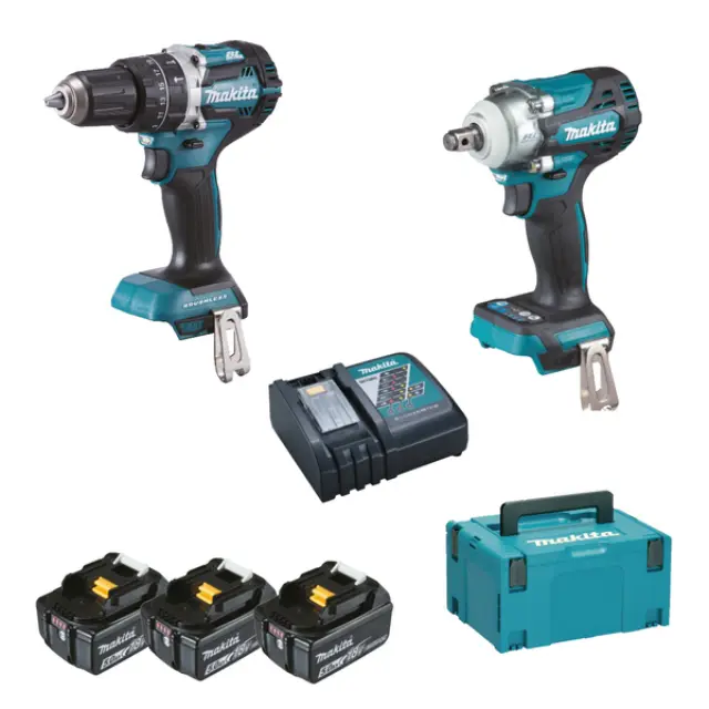 Makita Promo Kit DLX2359TJ1 - Κρουστικό δραπανοκατσάβιδο DHP484 + το μπουλονόκλειδο DTW300 μαζί με 3 μπαταρίες 5.0Ah (3x5.0Ah), ταχυφορτιστή, βαλίτσα μεταφοράς MakPac και σετ 9 καρυδάκια 1/2" σε κασετίνα D-41517