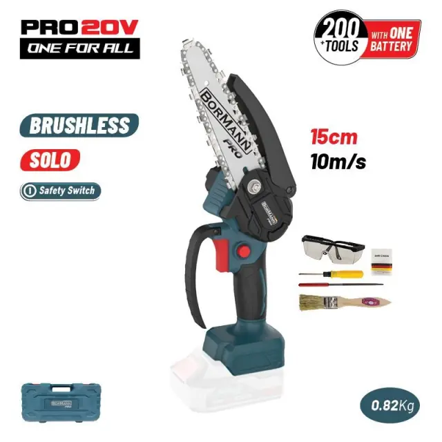 Bormann Pro BBP3916C - Κλαδευτικό Αλυσοπρίονο Μπαταρίας 20V,Brushless, Λάμα 15cm, 825gr,1/4"1.1mm 37οδ.11m/s (083542)