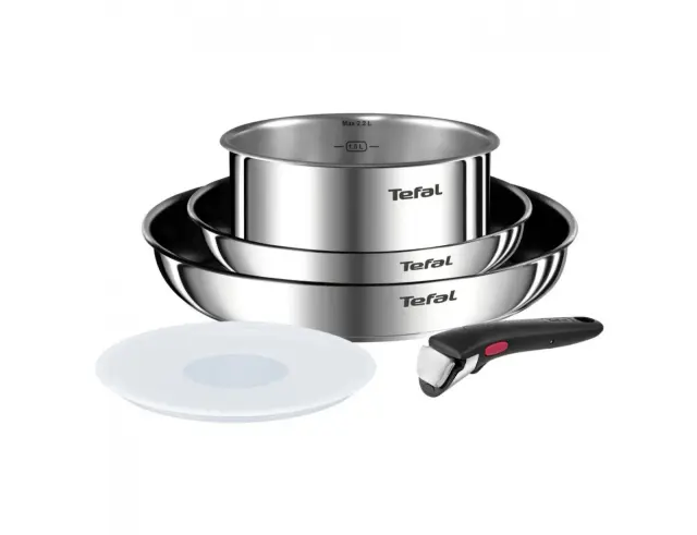 Σετ Μαγειρικά Σκεύη Tefal Ingenio Emotion L8975S04 από ανοξείδωτο ατσάλι με αποσπώμενη λαβή, καπάκι και διαμέτρους 22cm, 28cm και 18cm - 5 τεμάχια (2 τηγάνια, 1 κατσαρολα, 1 καπάκι & λάβη) L8975S04