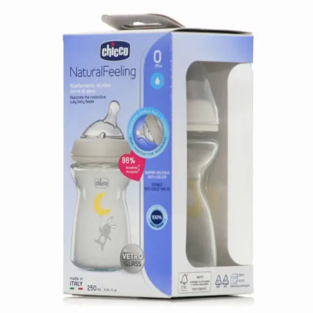 Chicco Γυάλινο Μπιμπερό Natural Feeling Κατά των Κολικών με Θηλή Σιλικόνης 250ml για 0m+ 1τμχ (81221-30) 2
