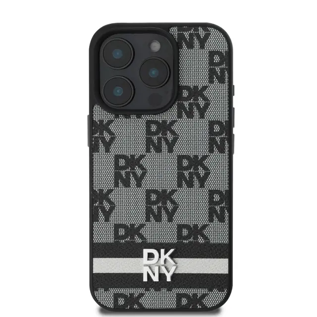DKNY PU Leather Checkered Pattern and Stripe Case for iPhone 16 Pro Black 2