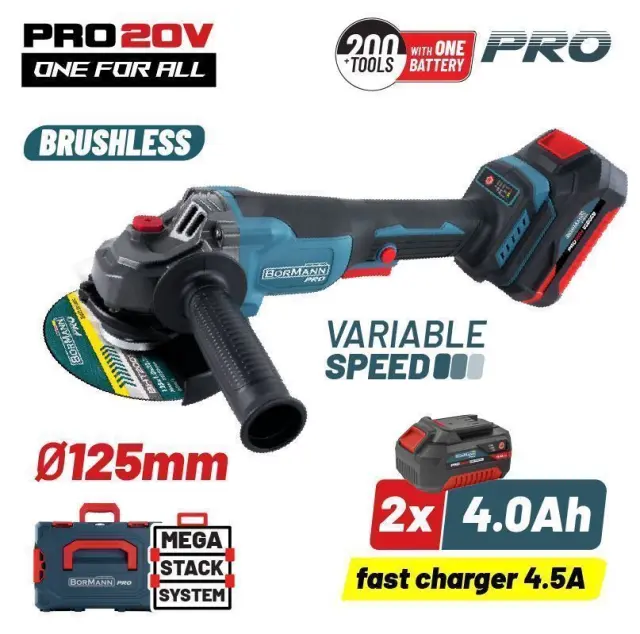Bormann Pro BBP3651X44CA - Γωνιακός Τροχός Brushless Ρυθμιζόμενος 20V, 3000/5400/8000rpm με 2 Μπαταρίες 4.0Ah (2x4.0Ah) + Φορτιστή σε Βαλίτσα Mega Stack System (084907)