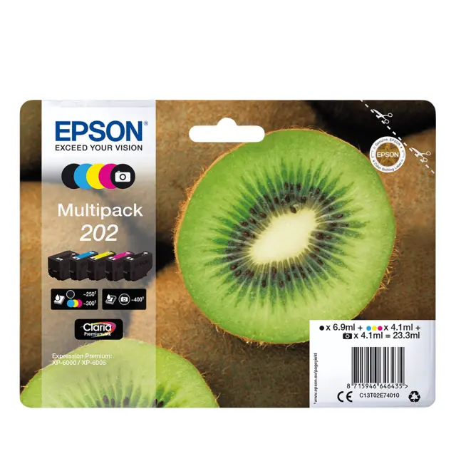 Epson 202 Γνήσιο Πακέτο 5 Μελανιών Εκτυπωτή InkJet Photo Μαύρο / Κίτρινο / Κυανό / Ματζέντα / Μαύρο (C13T02E74010 C13T02E74020)