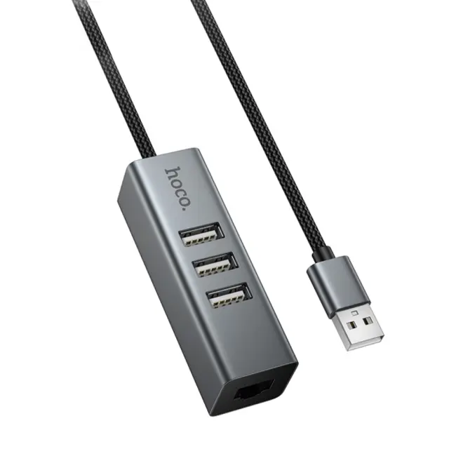 USB Hub Hoco HB1D 4-in-1 USB-A σε 3xUSB-A 2.0 + RJ45 εως 480Mbps Aluminum Alloy Γκρι