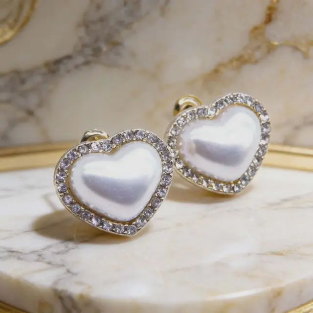 Heart Pearl Stud Earrings with Crystals