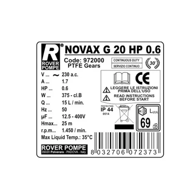 Rover Pompe Novax G 20 Αντλία μετάγγισης γραναζωτή λαδιού με ιπποδύναμη 0,6 HP ανοξείδωτη / 102840 2