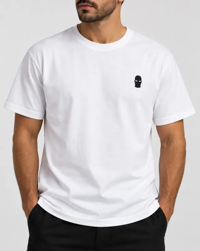 Ghetto White T-Shirt with Black Balaclava Logo 2