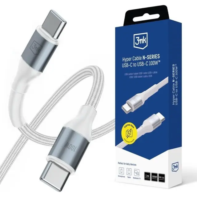 3mk® - USB 2.0 Cable USB-C male - USB-C 100W PD / Λευκό 1m.