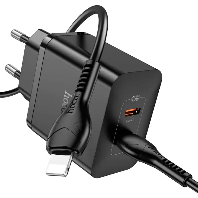 Hoco Φορτιστής με Διπλή Θύρα USB-C και Καλώδιο Lightning 45W Μαύρος N35