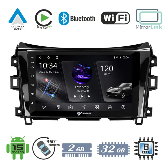 VenCore Οθόνη Multimedia Android 15 9" PX5S Octa-Core 2GB/32GB IPS με Πρόσοψη, CarPlay, Android Auto και Υποστήριξη Κάμερας 360° για Nissan Navara 2016-2022 – Μαύρη (3236-10005-0340B)