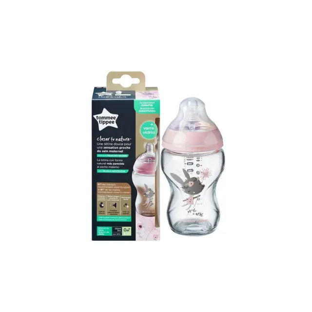 Tommee Tippee Γυάλινο Μπιμπερό Closer To Nature Κατά των Κολικών με Θηλή Σιλικόνης 250ml για 0+ μηνών Pink Mouse 2