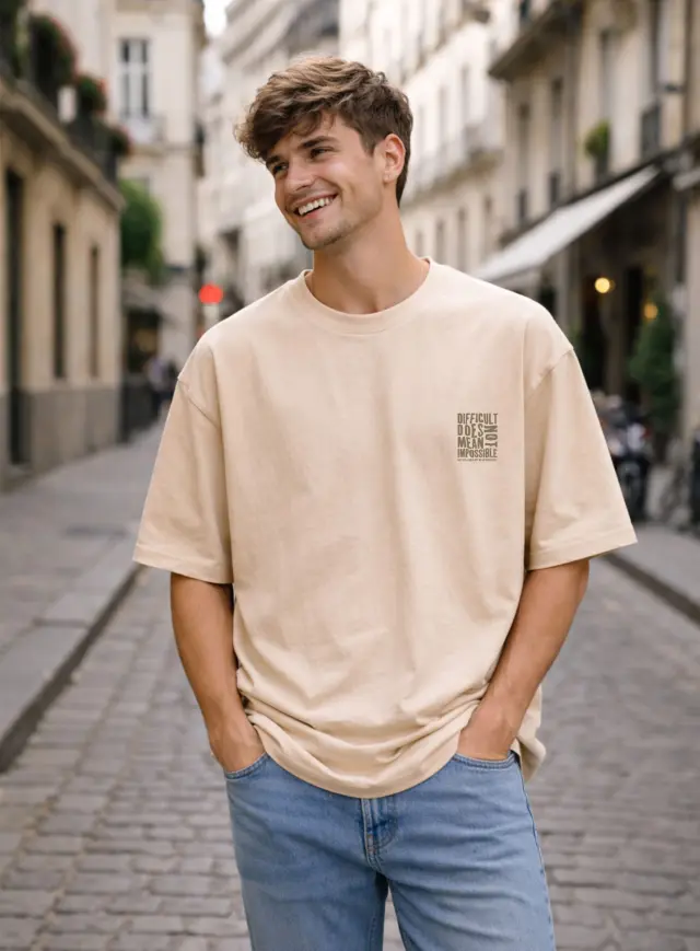 T-shirt Noshame® Oversized Μπεζ με τύπωμα Difficult Does Not Mean Impossible - 142670 - XXL 2