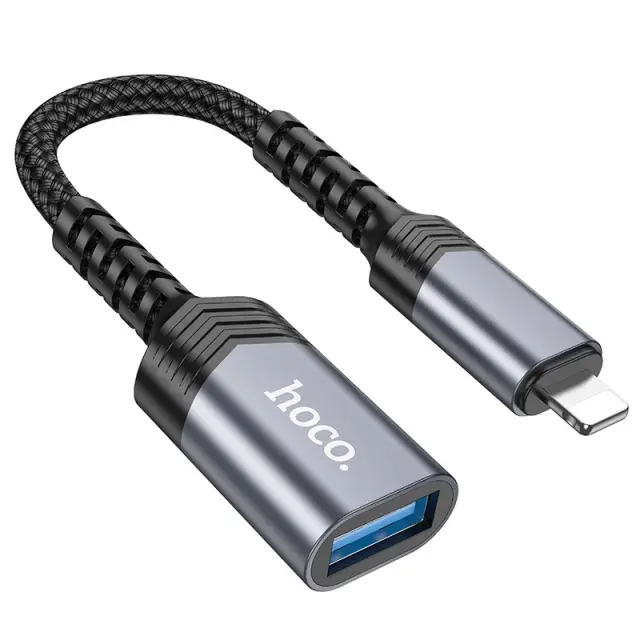 Αντάπτορας Hoco UA24 Lightning σε USB με Λειτουργία OTG 480Mbps Δυνατότητα Φόρτισης 5V/2A και Κοντό Anti-bending Καλώδιο Γκρι