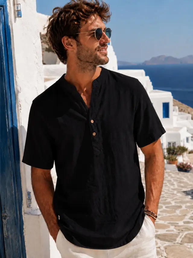 Λινή Πουκαμίσα Mao Noshame® Μαύρη - 382620 - 4XL