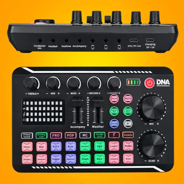 DNA STUDIO CARD rechargeable external sound card audio interface USB-C Bluetooth for live streaming podcasts voice recording karaoke 16 sound effects 8 voice presets 1200 mAh 3