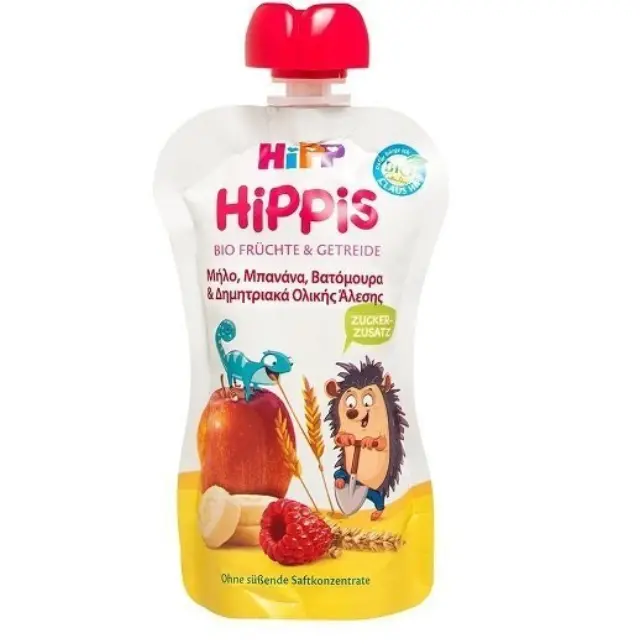 Hipp Hippis Βιολογικός Φρουτοπολτός με Μήλο, Μπανάνα, Βατόμουρο και Δημητριακά Ολικής Άλεσης, 100gr