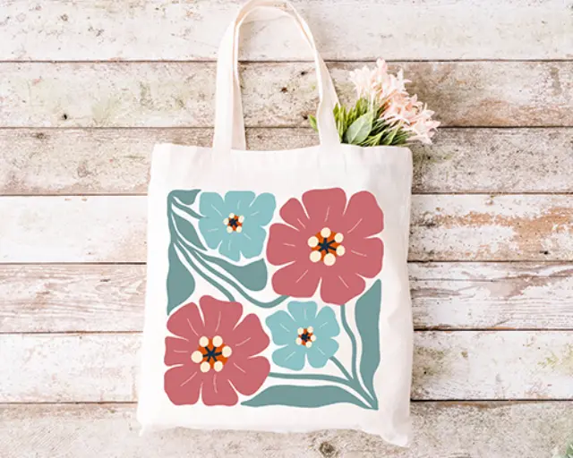 Τσάντα πάνινη υφασμάτινη εκρού με σχέδιο flowers 70s (08) διαστάσεις: 38x40cm μαζί με τα χερούλια 38x70cm