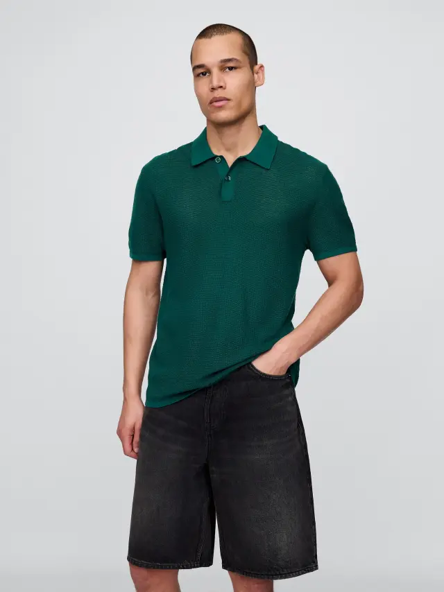Textured Crochet Πόλο Μπλούζα Rain forest green