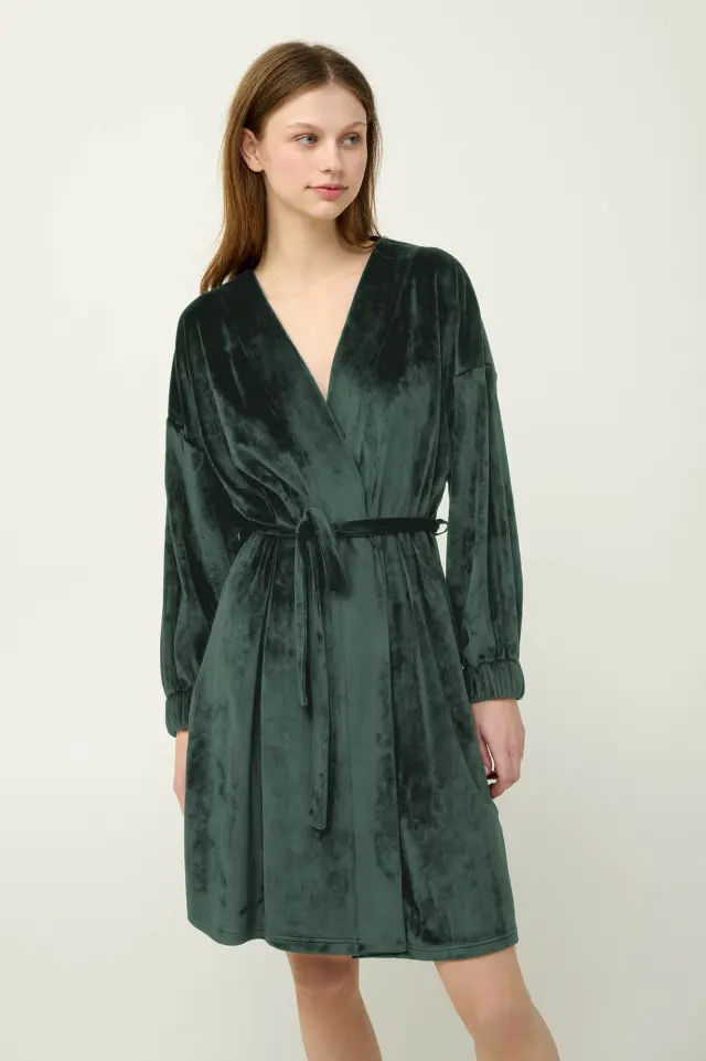 Μονόχρωμη Γυναικεία Velvet Ρόμπα Vamp 23086 BLACK 3