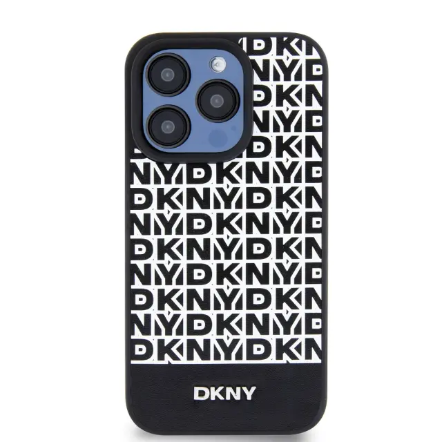 DKNY PU Leather Repeat Pattern Bottom Stripe MagSafe Case for iPhone 14 Pro Black 2