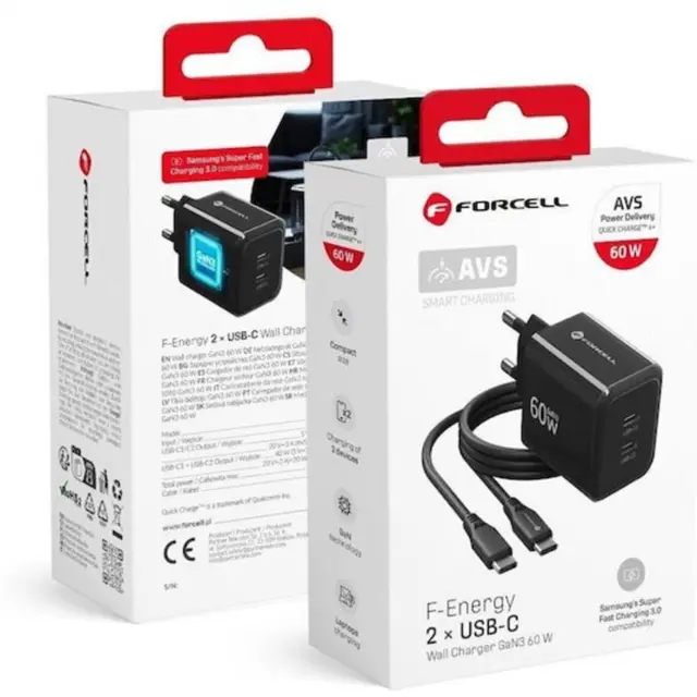 Phone charger Forcell F-Energy GaN III 2x USB C AVS SSFC3.0 60W + scable USB C to USB C VT-60 black