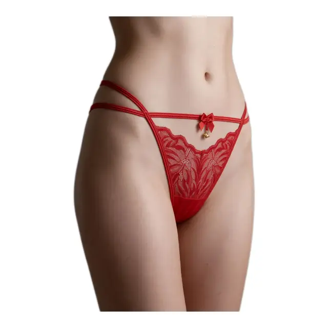 Milena Γυναικείο G-String Δαντέλα Φύλλα με Κρεμαστή Πεταλούδα Μπροστά, Χρώμα Κόκκινο