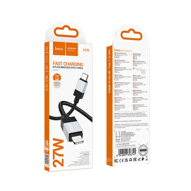Καλώδιο Hoco X110 Honorific USB-C σε Lightning 27W Braided Μαύρο 1m 2