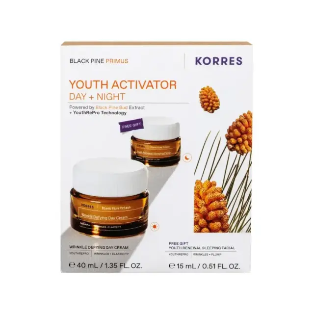 Korres Promo Black Pine Primus Wrinkle Defying Κρέμα Νεότητας Ημέρας, 40ml & Δώρο Youth Renewal Sleeping Κρέμα Νεότητας Νύχτας, 15ml, 1σετ