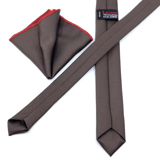 Καφέ Oxford Γραβάτα Slim 4,5 cm Σετ με Μαντηλάκι 3
