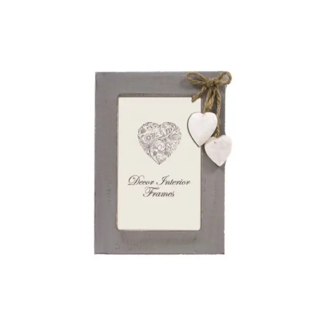 Kορνίζα ,Metz Grey vintage , ξύλινη ,για φωτογραφία 10Χ15 χρώμα γκρι με διακοσμητικές λευκές μπεζ πέτρινες καρδιές 2