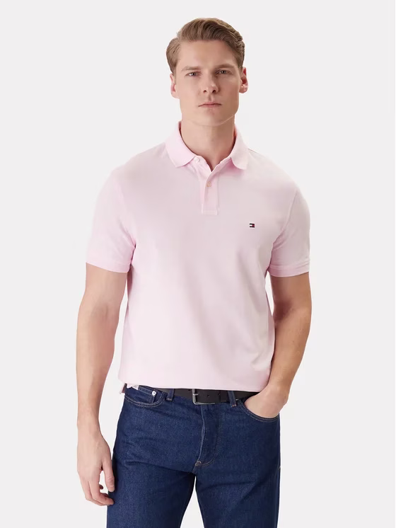 Tommy Hilfiger Ανδρική Κοντομάνικη Μπλούζα Polo Ροζ Regular Fit Ροζ 2