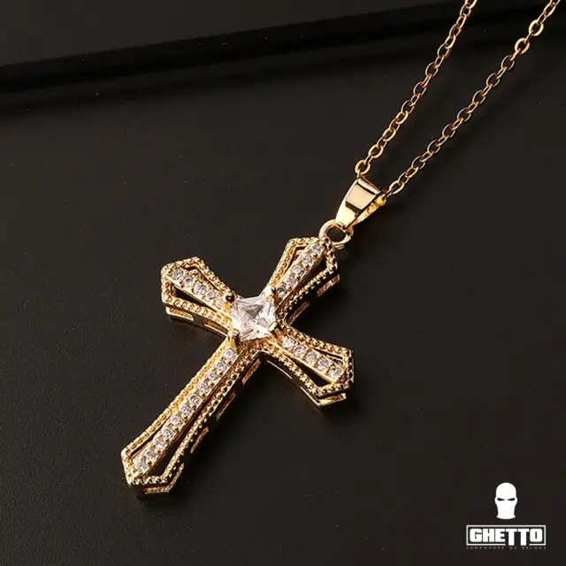 Ghetto CZ Full Diamond Gold Plated Cross Pendant Necklace 2