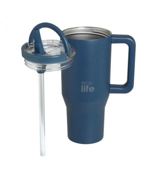 Eco Life Μεταλλικό Ποτήρι Θερμός Με Καλαμάκι 900ml Handled Tumbler Blue Marine