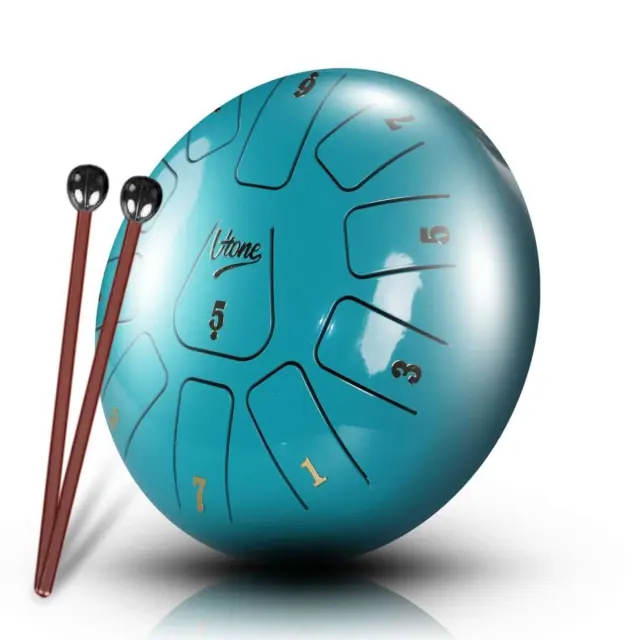 V-TONE VBJ 8-11 C Steel Tongue Drum Tank Drum Hank Drum Cyan 8 Inch 11 Tones Drumsticks Case with Strap 4 Finger Cots Stick Rest Stickers Tune List Cloth Kit