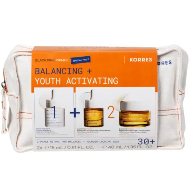 Korres Promo Pack με Smart Yoghurt Super Serum με Προβιοτικά, 15ml, Black Pine Primus 6xHA Wrinkle Smoothing Youth Activator Booster Ορός Ενεργοποίησης Νεότητας, 15ml, Wrinkle Defying Day Cream Κρέμα Νεότητας Ημέρας, 40ml & Δώρο Νεσεσέρ,1σετ