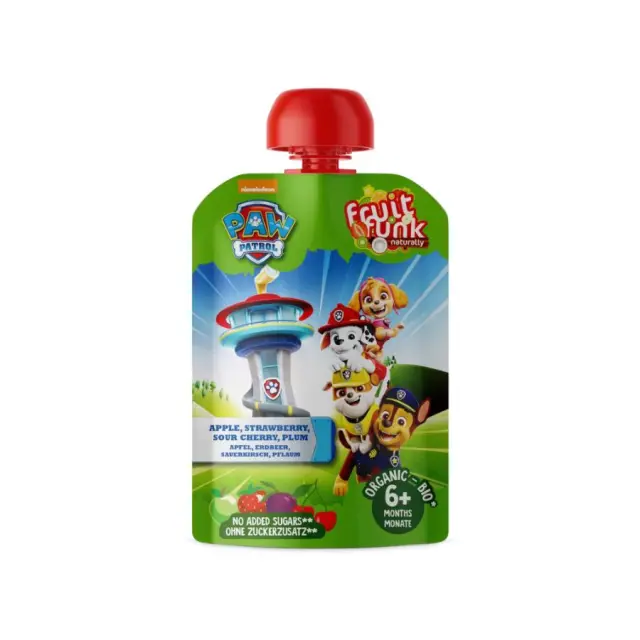 Βιολογικός Βρεφικός Πουρές Φρούτων (6+) Paw Patrol με Μήλο, Φράουλα, Βύσσινο & Δαμάσκηνο - FruitFunk - 90γρ 8720618786814