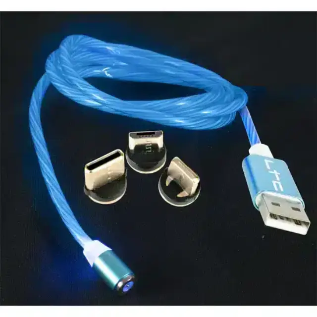 LTC Audio MAGIC-CABLE-BL - 1m Blue Luminous Magnetic Charging Cable with 3 Prongs (Lightning, USB-C, and Micro-USB) (65-1095)