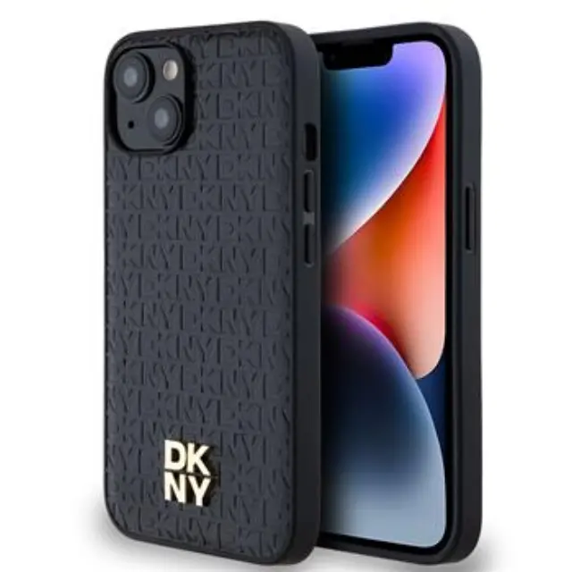 DKNY PU Leather Repeat Pattern Stack Logo MagSafe Case for iPhone 15 Black