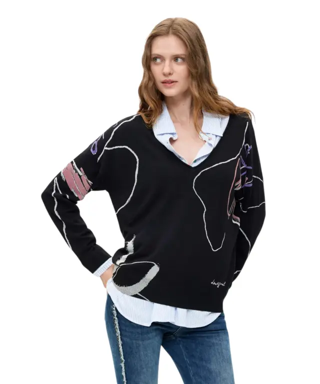 Desigual - Γυναικείο Πλεκτό Πουλóβερ Femnaif 26WWJF29-2000 Μαύρο με Σχέδια