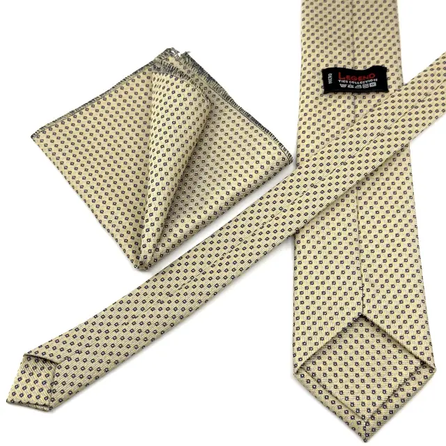 Γραβάτα Microfiber σε Μπεζ Μοτίβο Σετ με Μαντηλάκι 3