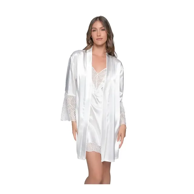 Milena Γυναικεία Νυφική Σατέν Ρόμπα Δαντελα, Χρώμα Ιβουάρ
